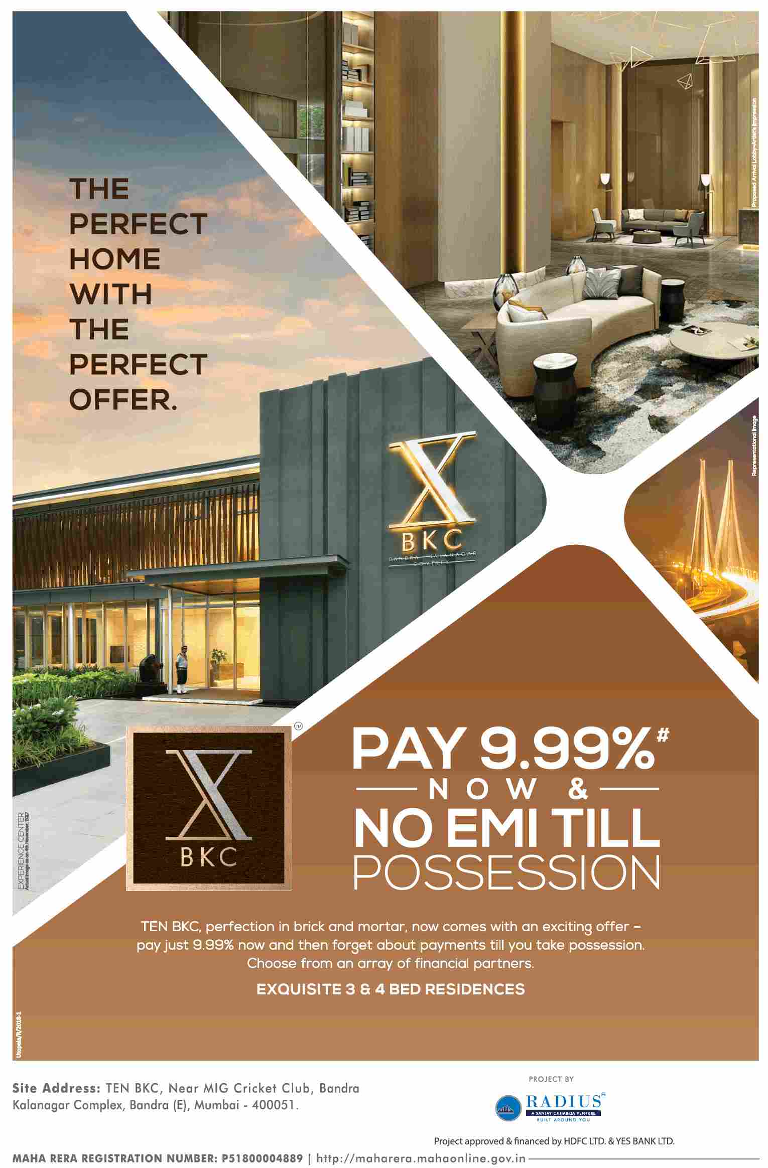 Pay 9.99% now and no EMI till possession at Radius Ten BKC in Mumbai